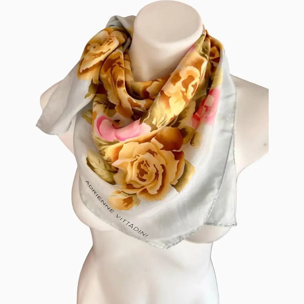 Vintage Adrienne Vittadini Silk Scarf 1990s Gold Pink Rose Floral 34 Square
